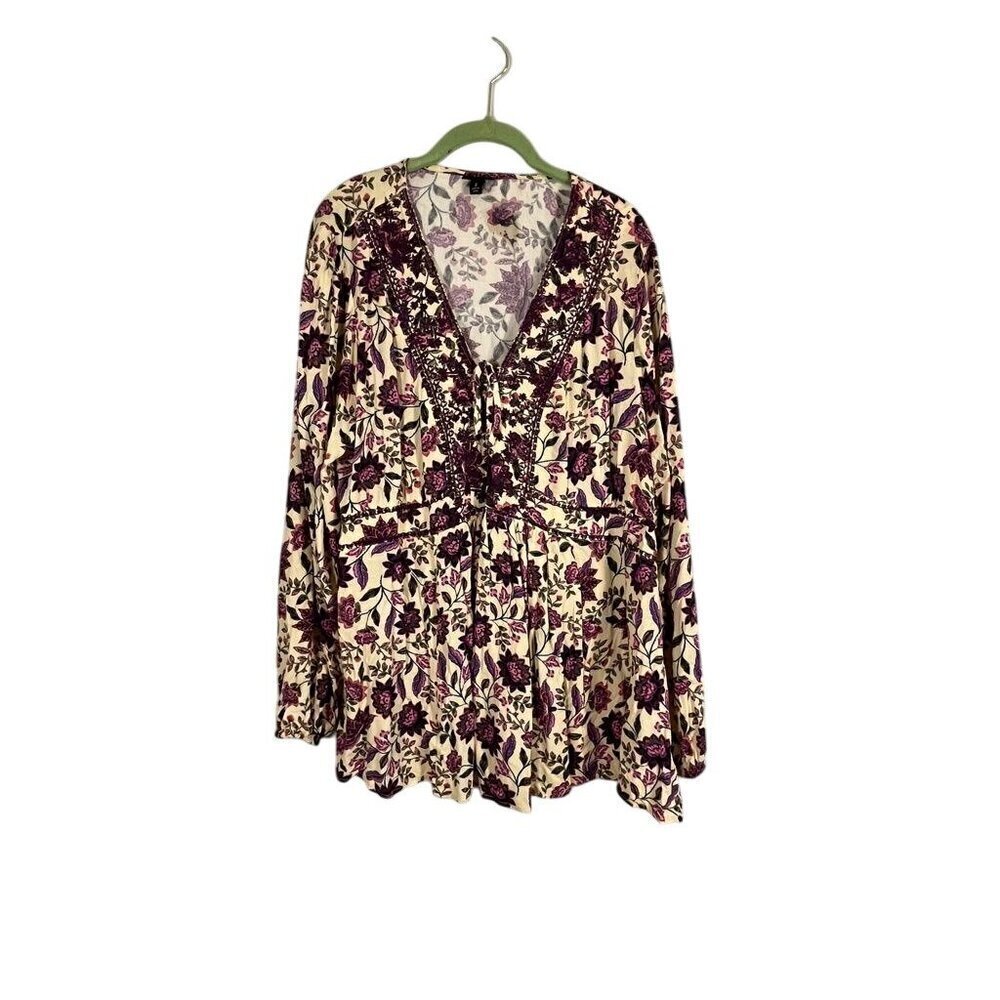 Torrid Floral Top 2X Yellow Boho Western Folk Hippie Indie Flowy Embroidery 80s